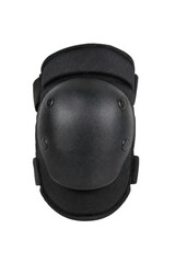 Single black tactical knee pad with a hard shell and fabric straps is positioned on a clean white background © Chinases