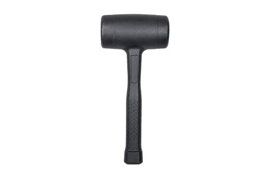 Sturdy black rubber mallet with a textured handle is centrally positioned on a clean white background, ready for various tasks