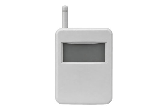 Generic light gray rectangular pager with an antenna and dark screen is displayed on a clean white background
