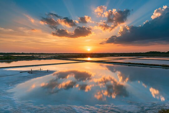 Sunset over salt pans with reflection in water