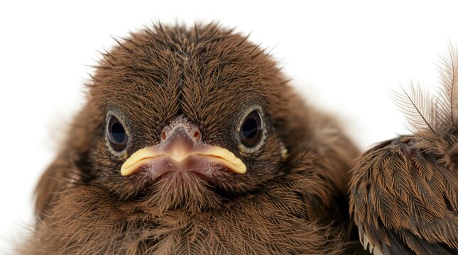 Close up macro shot of tiny baby bird chick. Small brown fluffy avian creature looks at camera with dark eyes. Young newborn animal shows detailed feathers, beak. Cute wildlife specimen isolated on