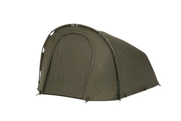 Single olive green fishing bivvy tent with a large arched entrance is presented on a clean white background © Chinases
