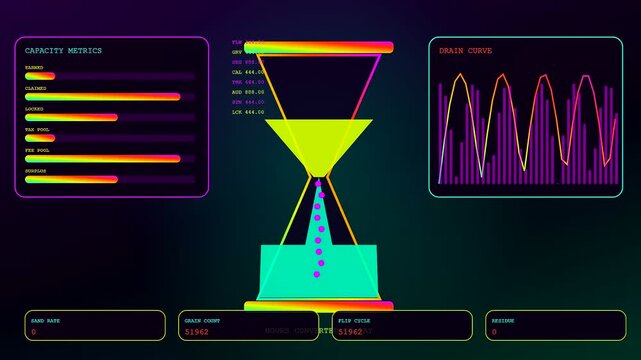 a wage stream visual flow represented by animated hourglasses with neon liquid sand levels moving down as digital metrics fluctuate in a dark glowing computer interface display