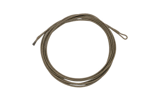 Single long, thin, brown rope is coiled into a circular shape, featuring a small loop at one end and a frayed tip at the other, isolated on a clean white background