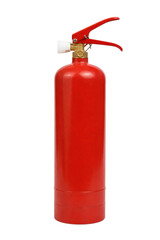 Fototapeta premium Vibrant red fire extinguisher with a brass valve and white nozzle stands upright on a clean white background, ready for emergency use