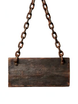 Rustic wooden sign hanging from rusty chains against a white background