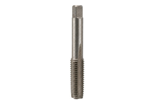 Single metal hand tap, used for cutting screw threads, stands vertically against a clean white background, showcasing its sharp flutes and square drive end