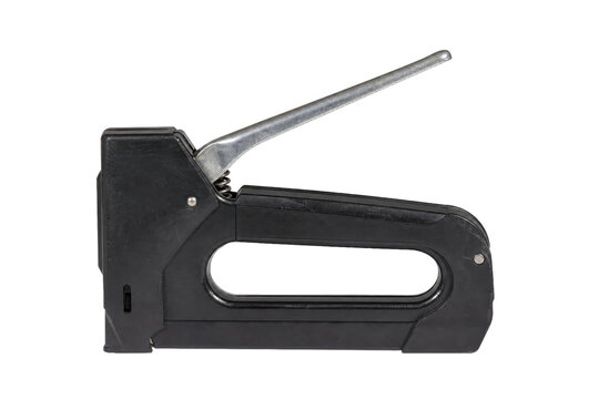 Sturdy black plastic staple gun with a shiny silver metal handle, captured in a clean studio shot on a white background