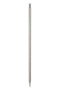Long, slender, silver-colored metal rod with a pointed tip and threaded end, isolated on a clean white background