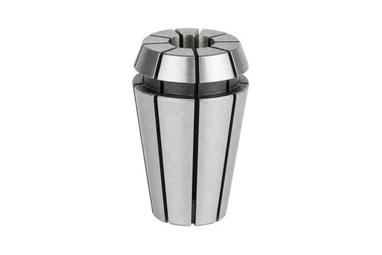 Single silver metal collet chuck, a precision tool accessory, stands vertically on a clean white background