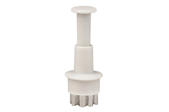 White plastic meat tenderizer with a metal spiked base is captured in a studio shot on a clean white background