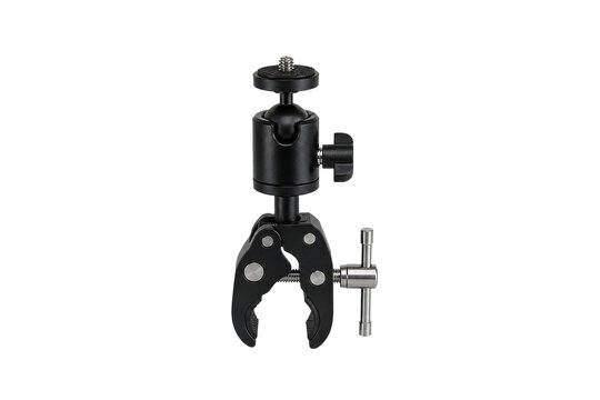 Black metal super clamp with ball head and 1/4 inch screw mount on a clean white background