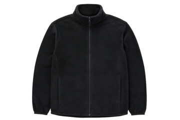 Plain black fleece jacket with a full zipper and stand-up collar is neatly displayed on a white background © Chinases