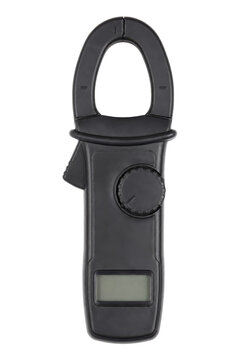 Professional black digital clamp meter with an empty display screen on a clean white background