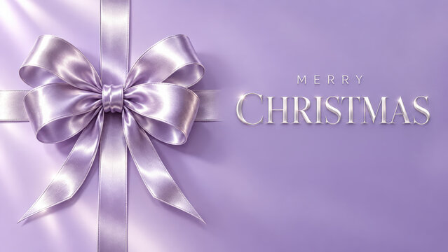 Elegant Merry Christmas holiday background featuring a luxurious silver satin ribbon and bow, soft lavender purple backdrop, subtle highlights and refined festive typography with generous copy space