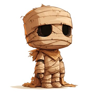 Cute cartoon mummy character with bandages and big black eyes