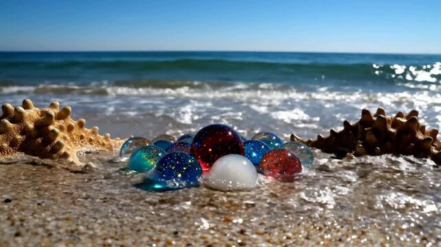 Colorful glass marbles and starfish on sandy beach with ocean waves washing over seashore scenery summer vacation concept