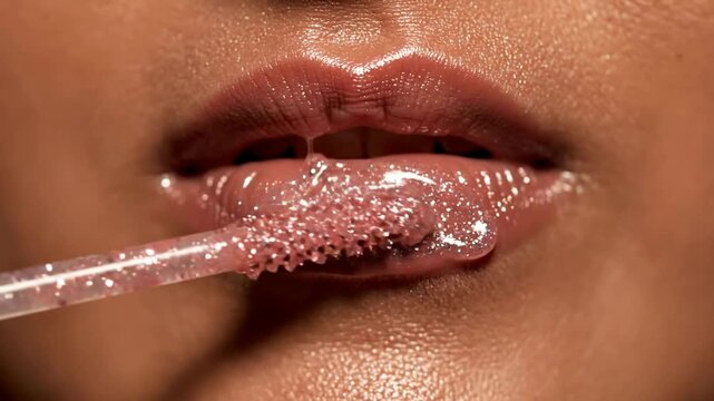 Macro close-up applying glossy shimmery lip gloss and sparkly liquid lipstick makeup routine beauty