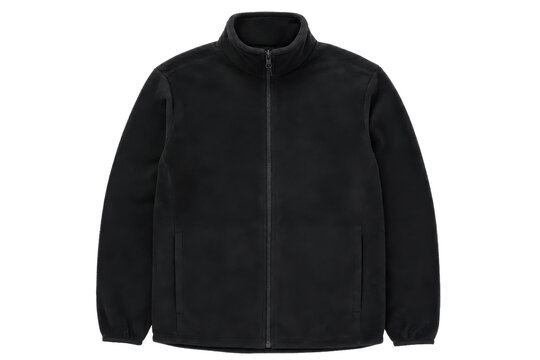 Plain black fleece jacket with a full zipper and stand-up collar is neatly displayed on a white background
