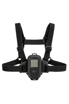 Black chest harness with a central device featuring a blank screen, designed for outdoor activities on a white background