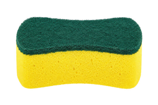 Bright yellow and green rectangular cleaning sponge with a textured abrasive scrubber, captured on a clean white background