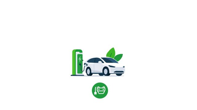 Animated white electric car green charging station leaves play button icon vehicle sign.