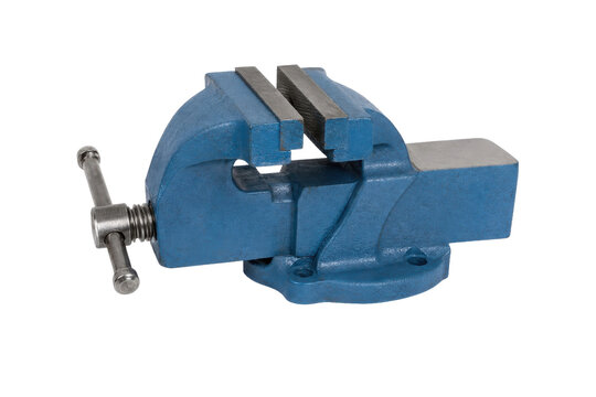 Robust blue metal bench vise with a silver handle is positioned on a clean white background, ready for workshop tasks