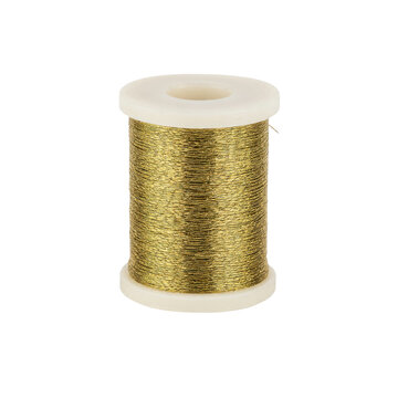 Single spool of shiny metallic gold thread on a white plastic bobbin, captured with bright studio lighting on a clean white background