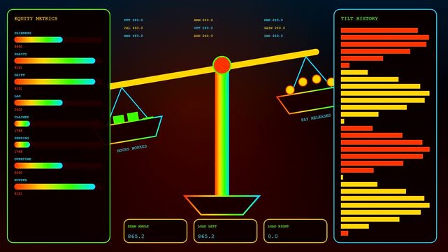 A wage stream indicator displays glowing balance scales and fluctuating digital charts within a dark interface showing colorful progress bars for analytical financial system tracking