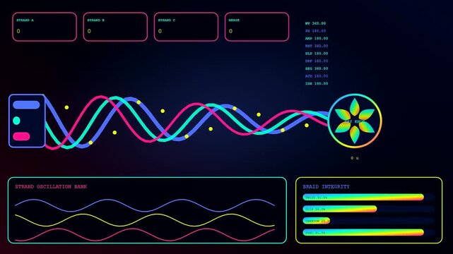 A wage stream data interface displays vibrant neon wave patterns and glowing digital flower icons which shift smoothly through a dark modular user computer monitor