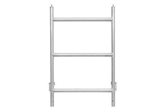 Single silver metal scaffolding frame, a construction element, stands vertically isolated on a clean white background