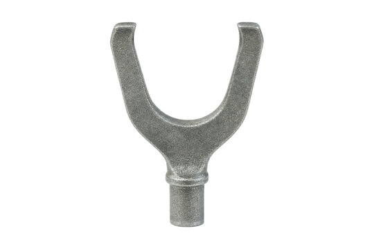 Single weathered metal oarlock, with a textured surface, stands vertically against a clean white background in a studio shot
