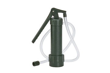 Dark green manual water pump with a clear plastic tube attached, captured on a clean white...