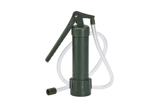 Dark green manual water pump with a clear plastic tube attached, captured on a clean white background