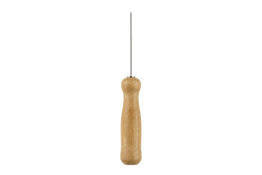 Single sharp metal ice pick with a light brown wooden handle stands vertically on a clean white background