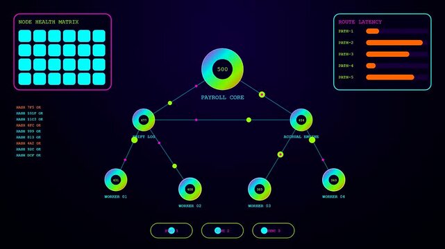 a wage stream monitoring interface displays data flows across interconnected nodes represented by glowing colorful circles and geometric patterns on a dark blue digital screen environment