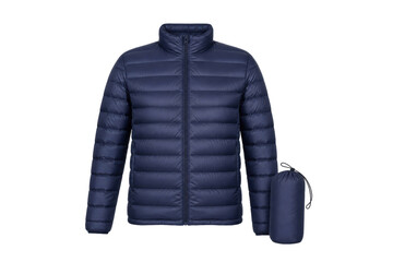 Dark blue lightweight puffer jacket with a high collar and zipper, displayed alongside its matching storage bag on a white background © Chinases
