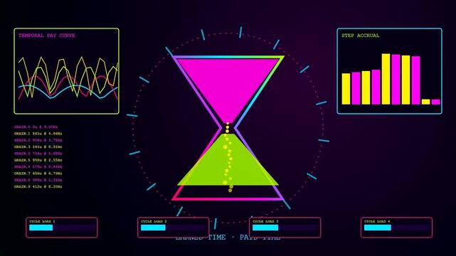 A digital wage stream visualization flickering with glowing pink and lime geometric hourglass shapes surrounded by multiple scrolling graphs and changing data points in dark space