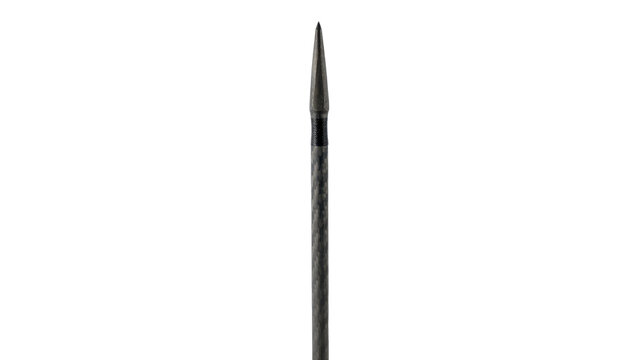 Sharp, dark gray metal spearhead with a textured shaft is prominently displayed on a clean white background