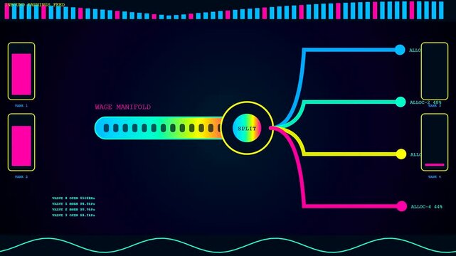 A digital Wage Stream interface displays fluctuating neon graphical data distribution patterns within a synthetic dark environment featuring multiple moving flow paths and vibrant pulsing bar charts