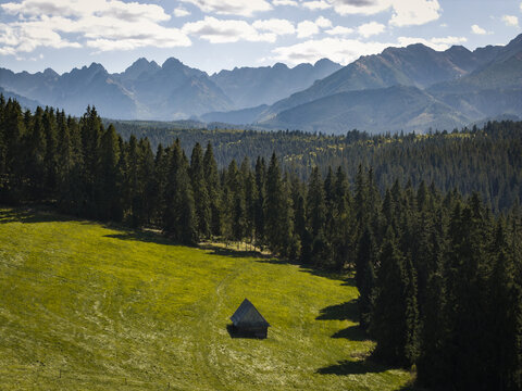 Aerial view of a traditional wooden hut in a lush green meadow surrounded by dense pine forests with the Tatra Mountains in the background in Jurgow, Lesser Poland Voivode, Poland.