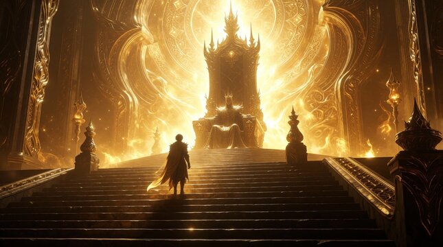 Hero approaches massive golden throne in mystical palace. Powerful king sits on ornate chair surrounded by bright glowing light. Epic fantasy scene shows warrior climbing stairs to meet ruler in