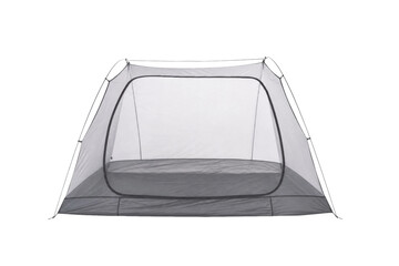 Lightweight gray and white mesh tent, designed for camping and outdoor adventures, stands on a clean white background © Chinases