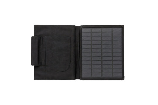 Black portable solar charger with multiple panels and a textured fabric case is displayed open on a white background