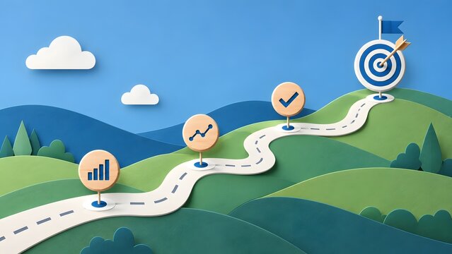 Paper craft landscape with winding road leading to a target passing financial growth charts representing business roadmap and success journey