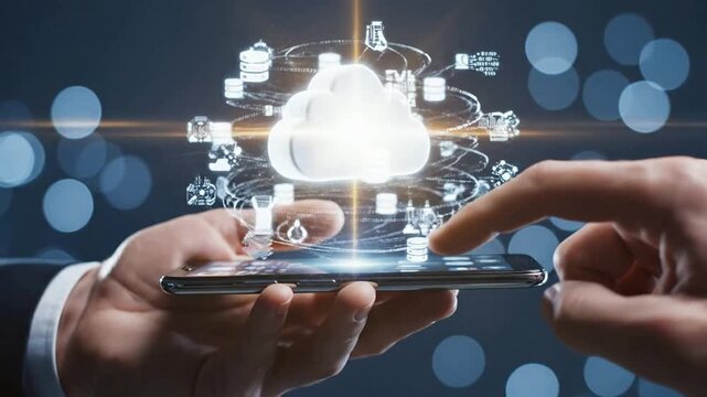 Cloud computing and data storage hologram interacted with via smartphone touchscreen for digital technology concepts