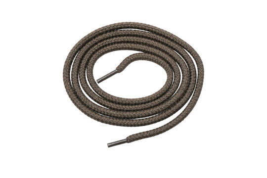 Single brown braided shoelace with silver aglets is neatly coiled in a spiral shape on a clean white background
