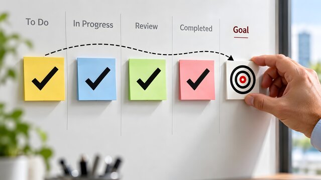 Hand placing target icon on agile task board completing a workflow process from start to goal representing successful project management