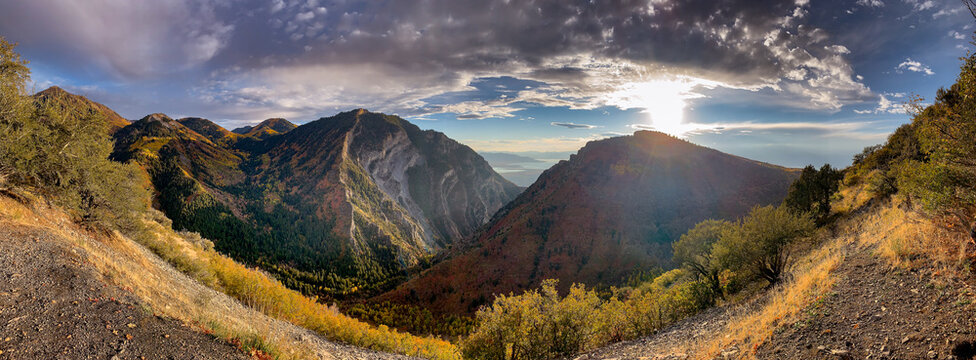 Aerial view of Kyhv Mountain overlooking the autumn foliage of the Utah Valley, Provo, and Utah Lake in Utah County, Utah, United States.