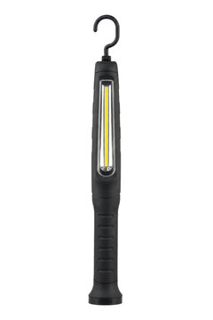Black plastic LED work light with a top hook and bright yellow illumination, captured on a clean white background